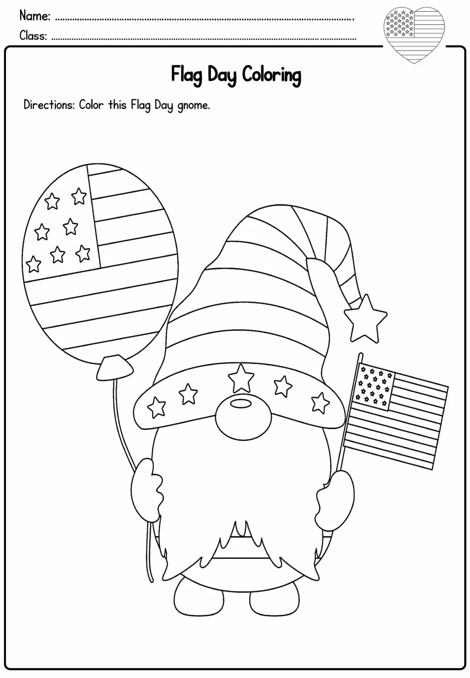 Holiday gnome coloring page: students color a gnome in a starry hat holding a flag balloon and a small US flag