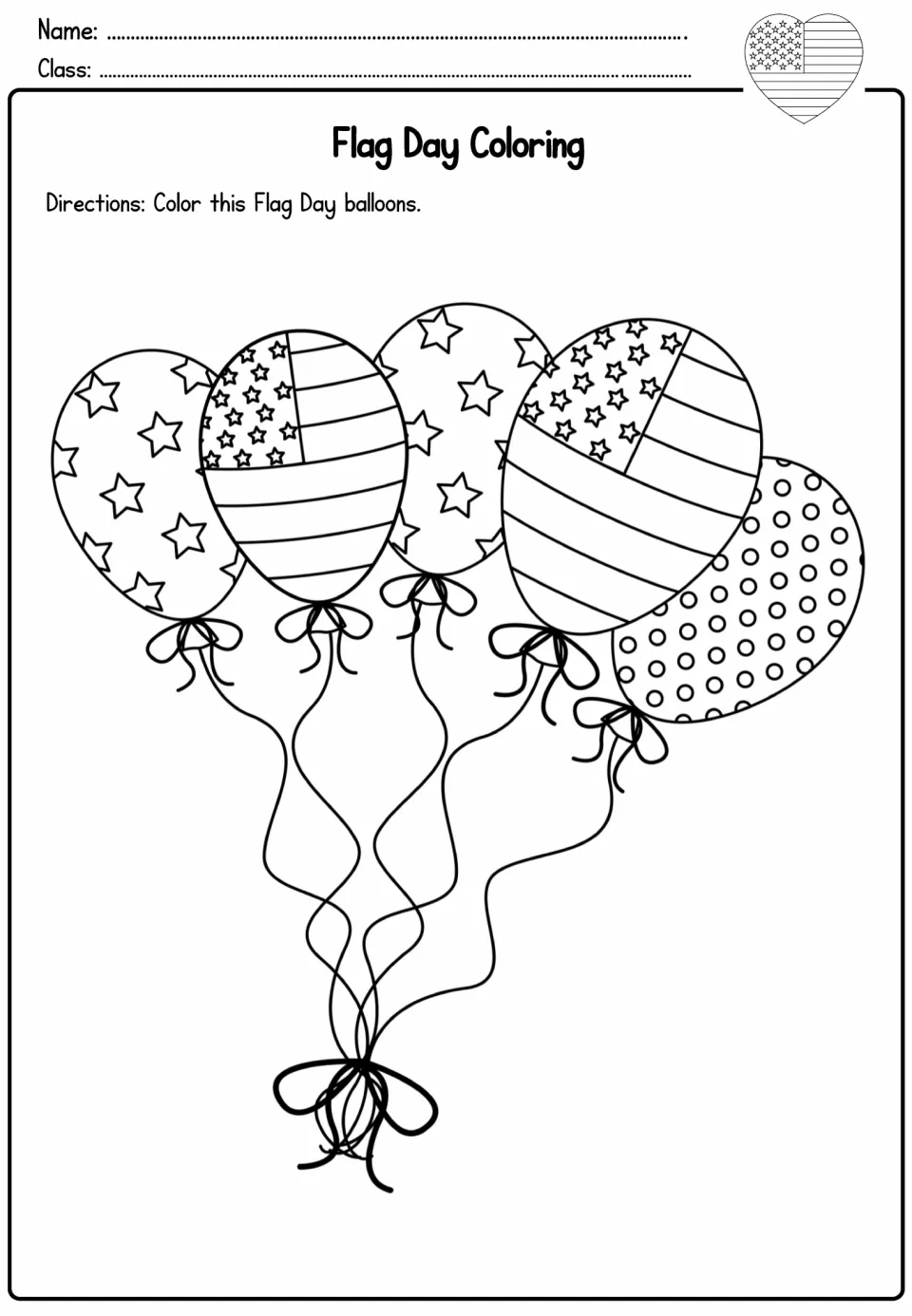 Balloon bunch coloring page: students color five balloons decorated with stars, flag stripes and polka dots