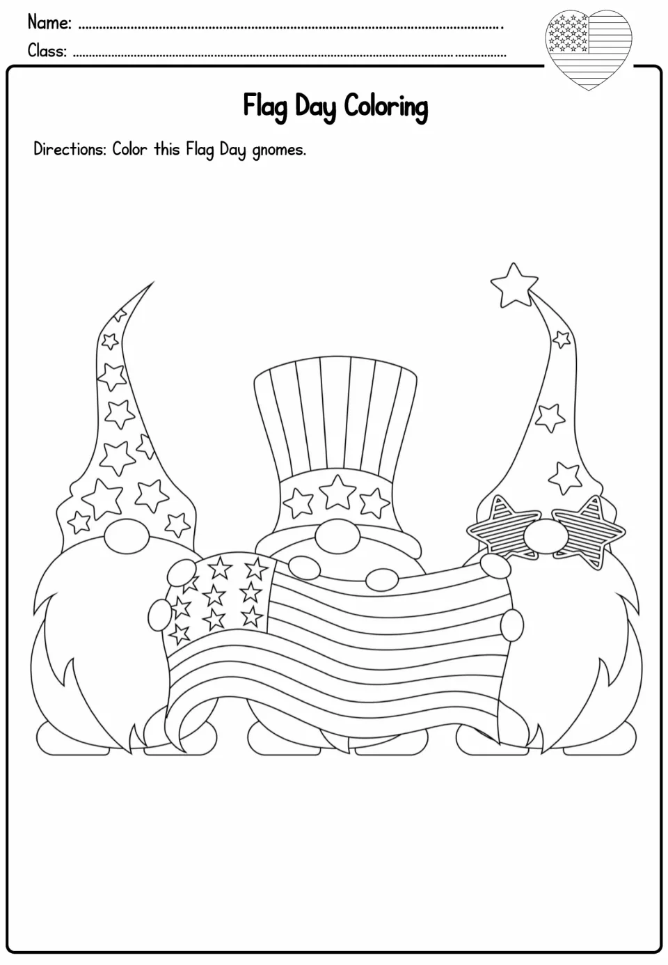 Three gnomes coloring page: students color a trio of gnomes in starry and striped top hats holding a waving flag
