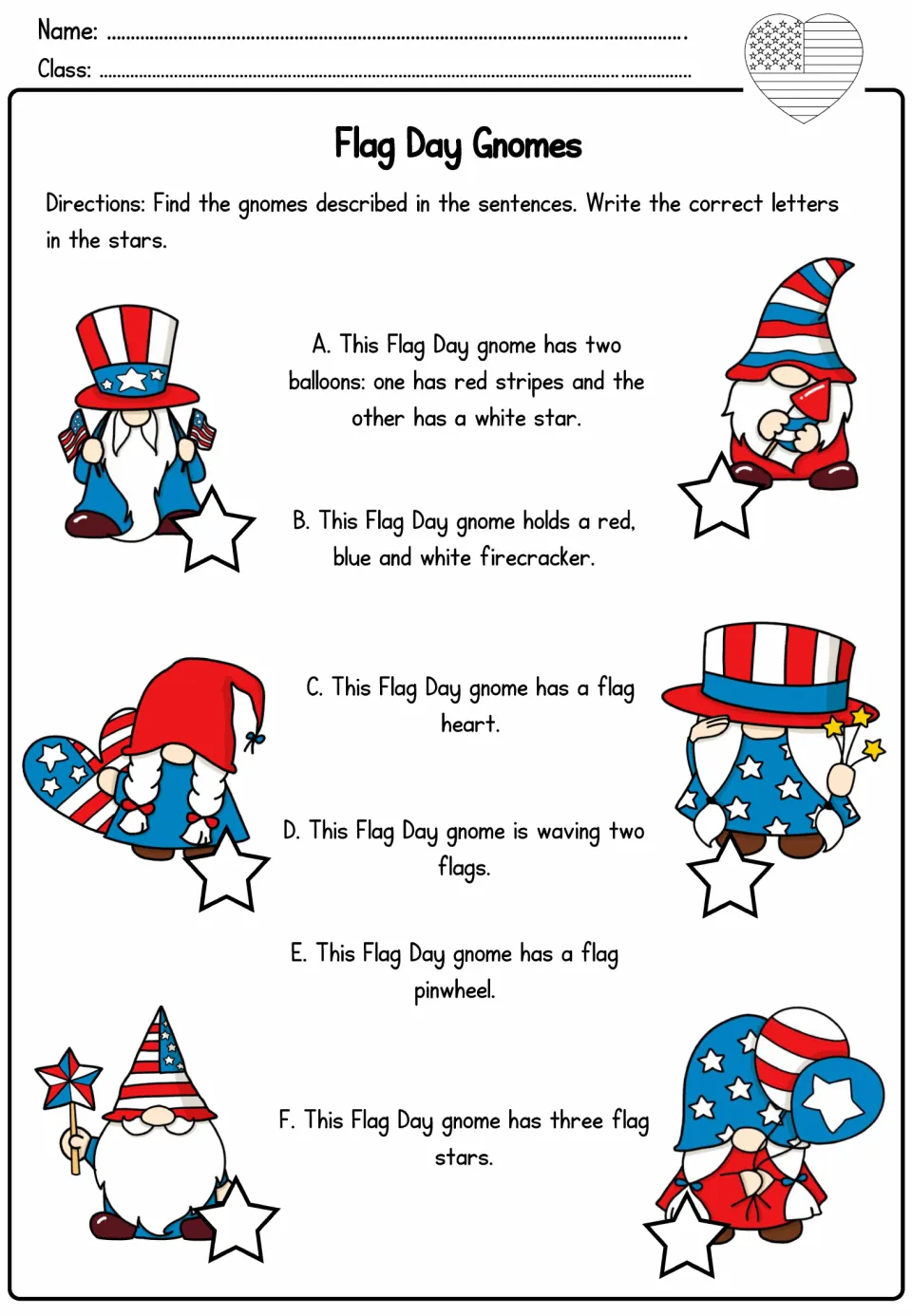 Gnome descriptions match: students read six sentences A to F and write each letter in the star by the matching gnome