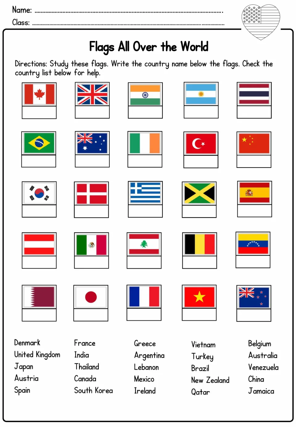 Flags All Over the World: students identify 25 national flags and write each country name from the word bank