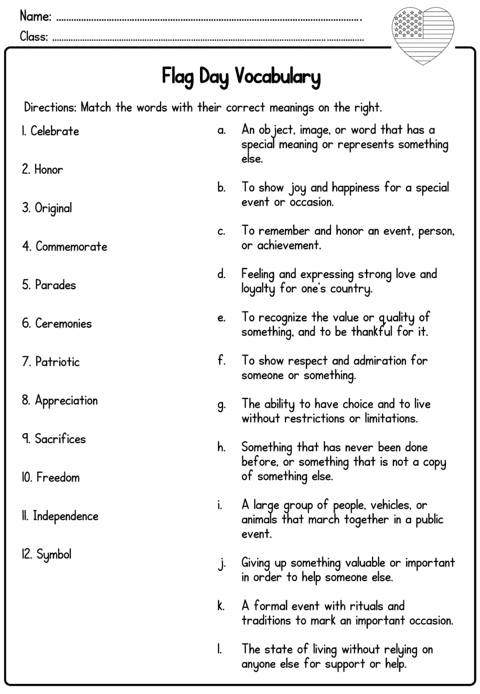 Vocabulary matching: students match 12 words such as commemorate, patriotic and sacrifices to their definitions