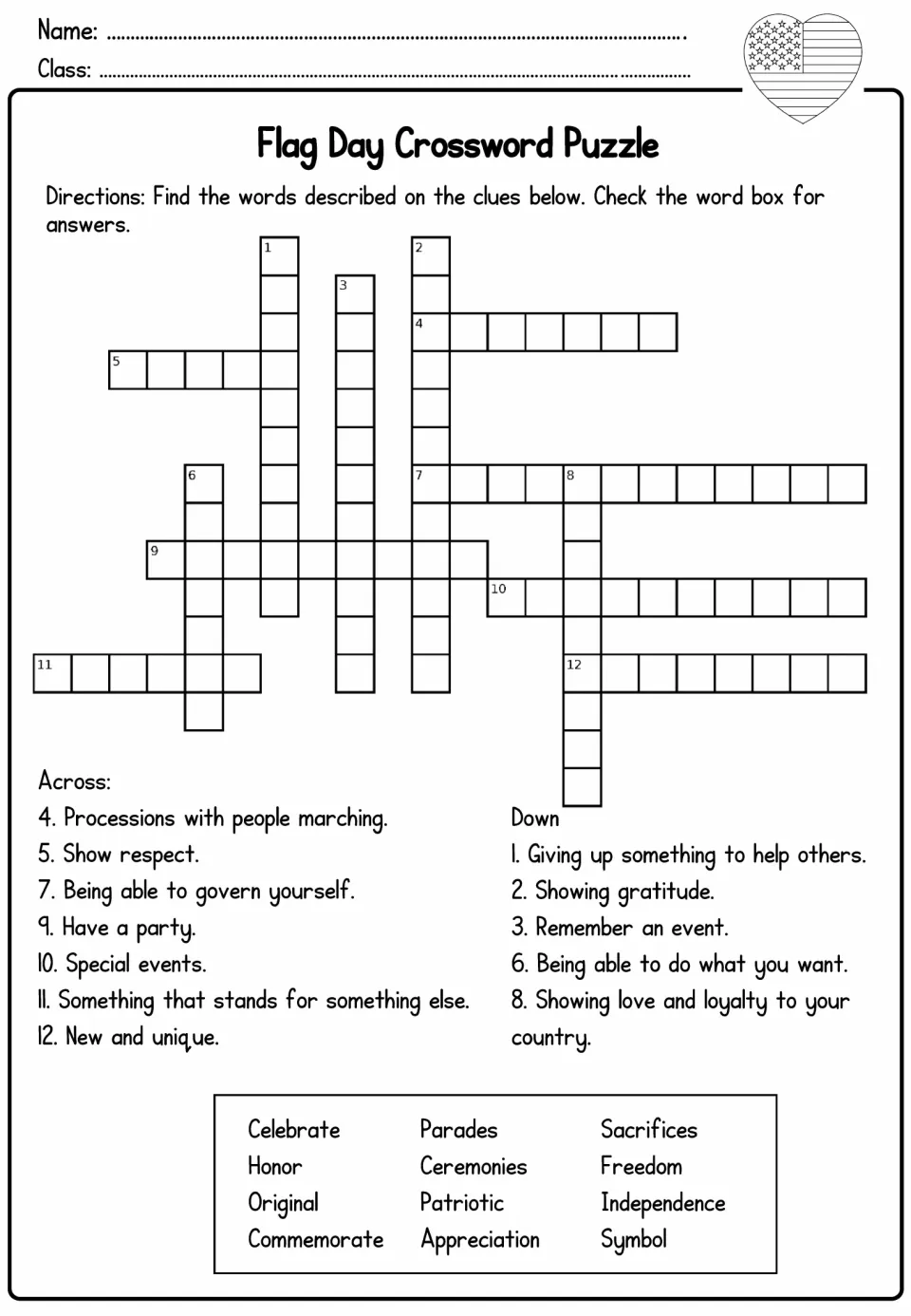 Crossword: students solve 12 across and down clues for words like parades, honor and symbol using the word box