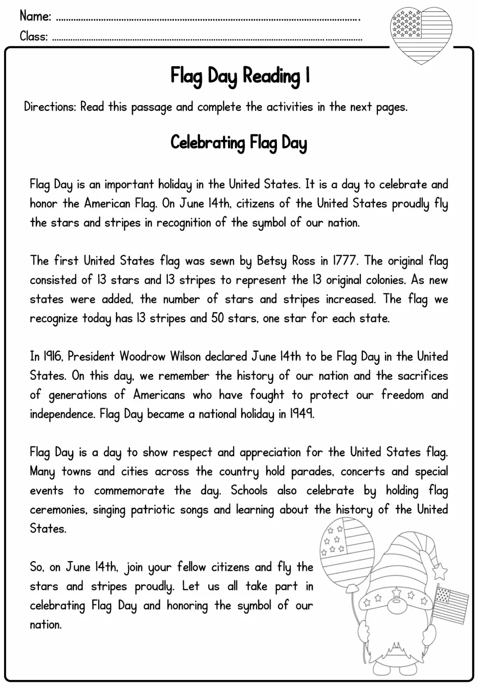 Celebrating Flag Day passage: students read about Betsy Ross, the 13 colonies, the 1916 declaration and parades