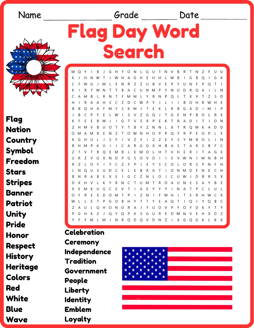 Color version of the Flag Day word search: 30 words, including flag, nation, freedom, stars, and stripes.