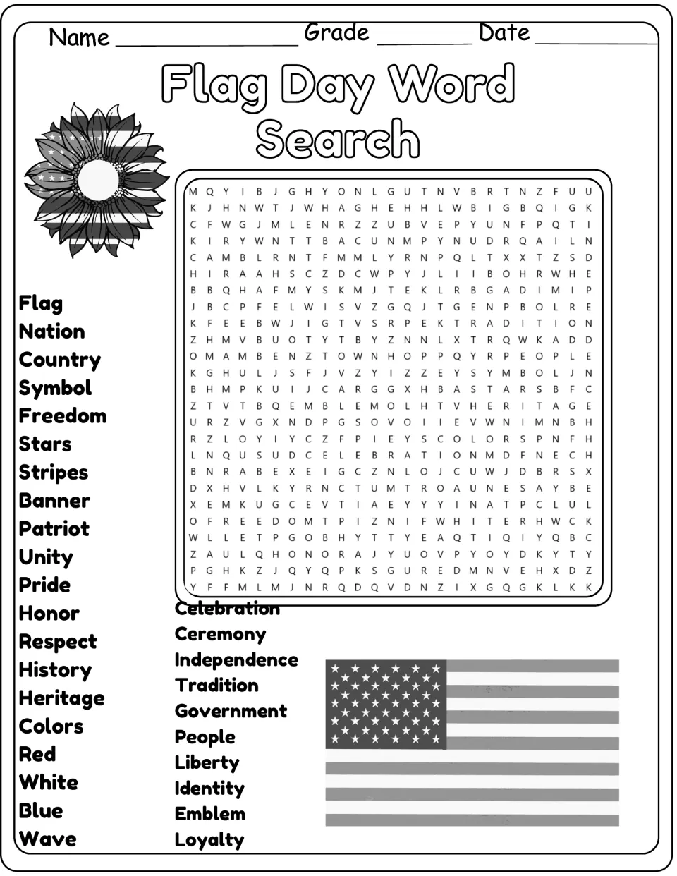 Black-and-white version of the same 30-word puzzle, including liberty, identity, emblem, and loyalty.