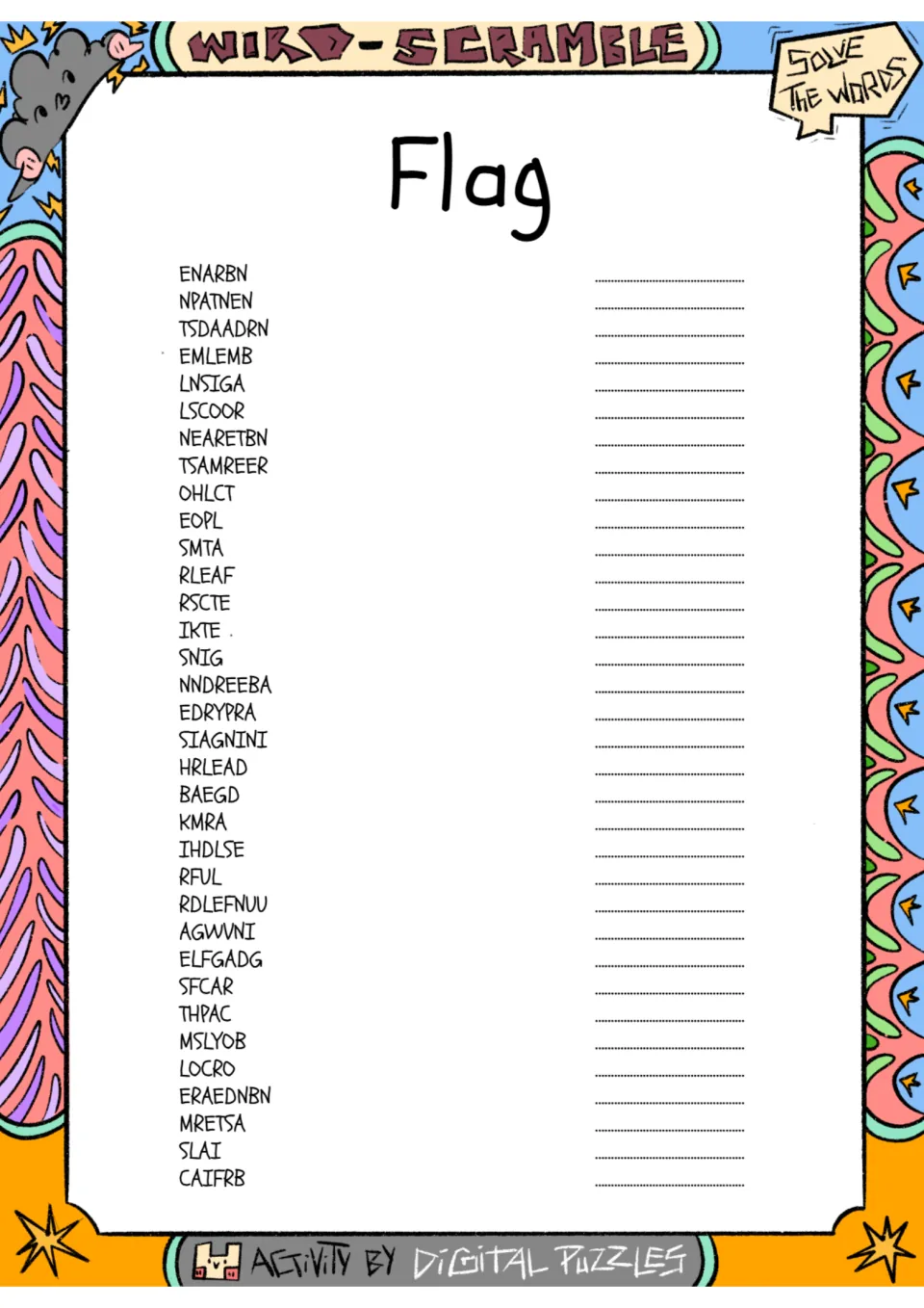 Flag word scramble activity with 34 scrambled entries, including ENARBN, NPATNEN, TSDAADRN, and EMLEMB.