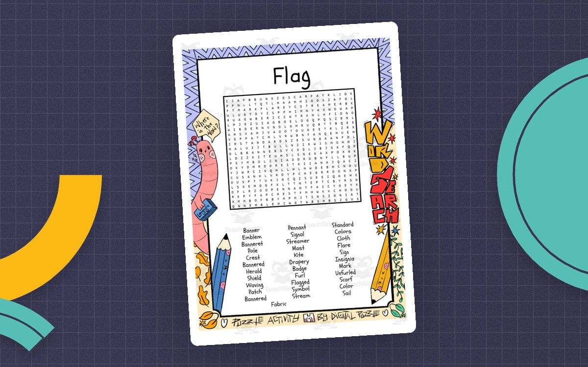 Flag word-search first image with a large letter grid and word bank
