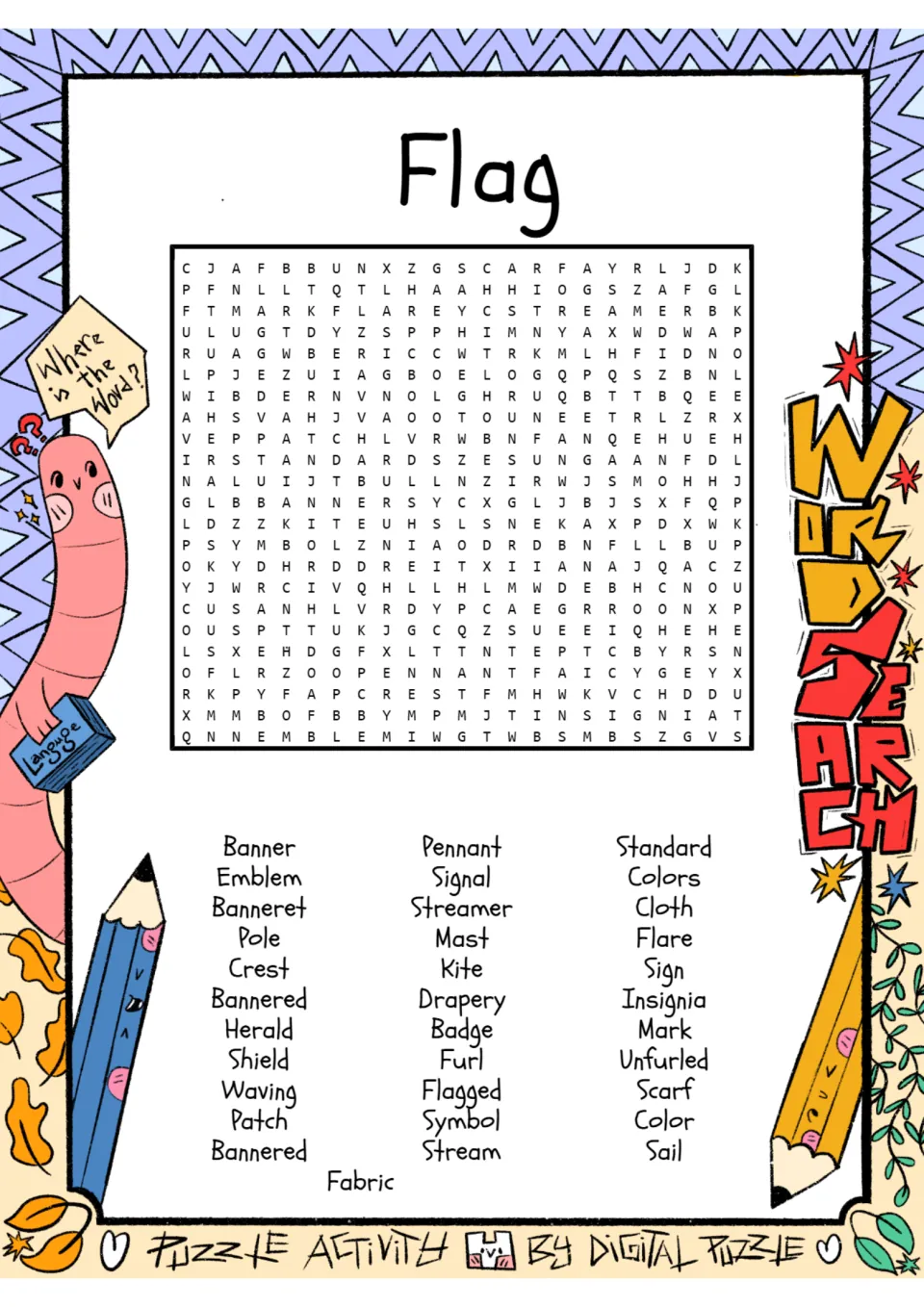 Flag word search: students hunt for 34 flag words such as banner, pennant, emblem and insignia in a letter puzzle