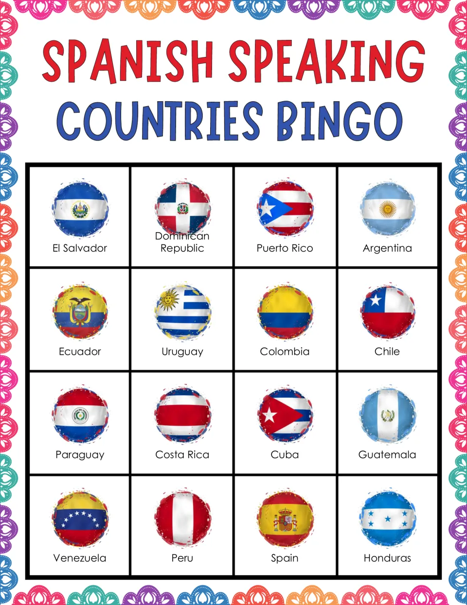 Flag bingo card: players cover 16 labeled flags as called, top row El Salvador, Dominican Republic, Puerto Rico, Argentina