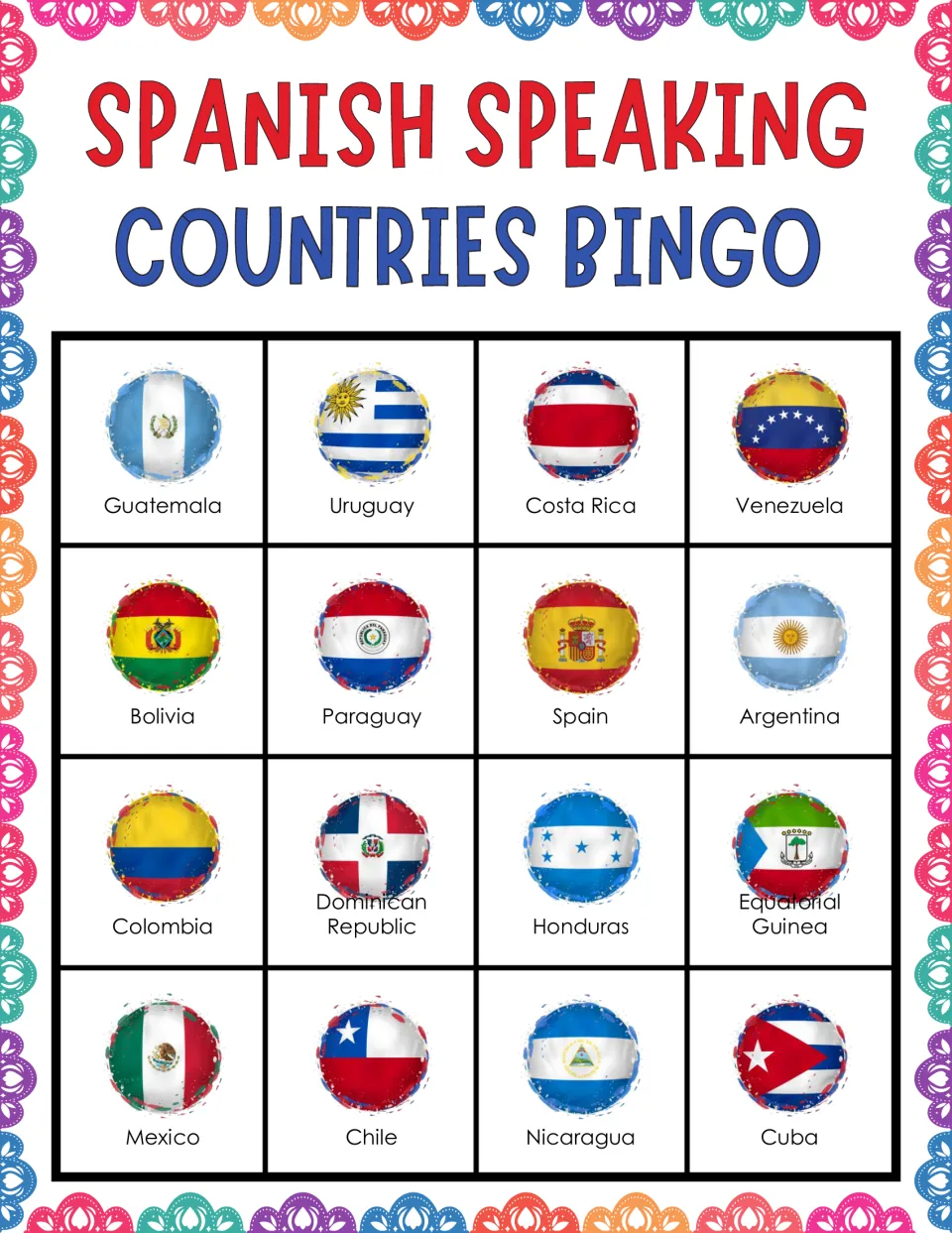Flag bingo card: students match called names to 16 labeled flags, top row Guatemala, Uruguay, Costa Rica, Venezuela