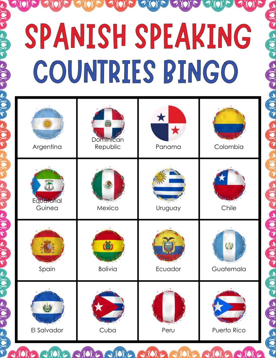 Flag bingo card: students listen and mark 16 labeled flags, top row Argentina, Dominican Republic, Panama, Colombia