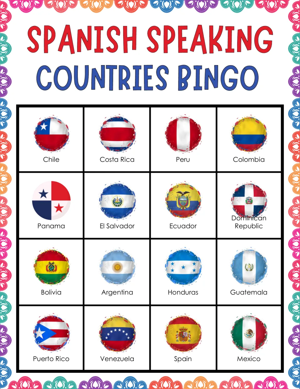 Flag bingo card of 16 labeled Spanish-speaking nations to mark when called, top row Chile, Costa Rica, Peru, Colombia