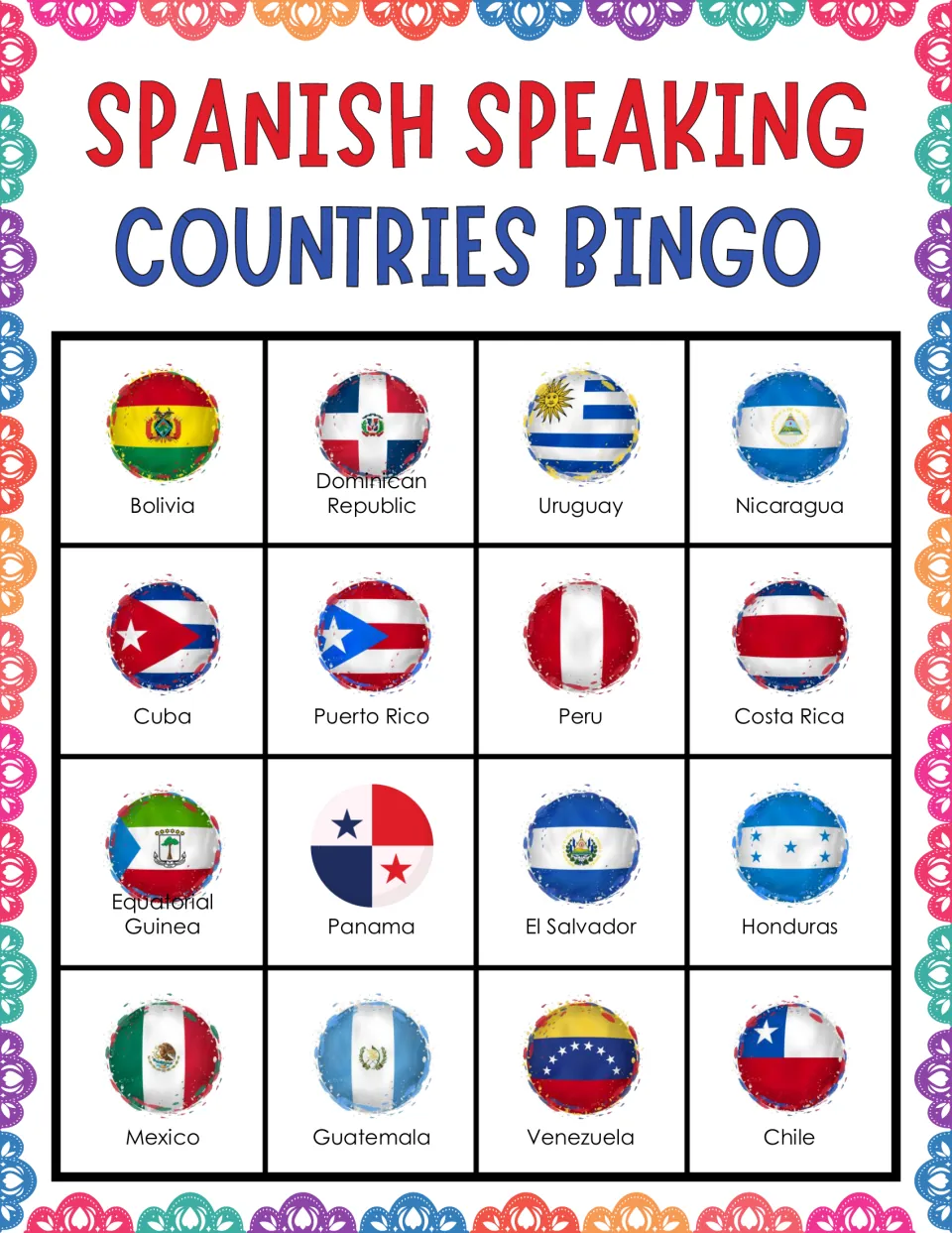 Flag bingo card: players spot called countries on 16 flags, top row Bolivia, Dominican Republic, Uruguay, Nicaragua