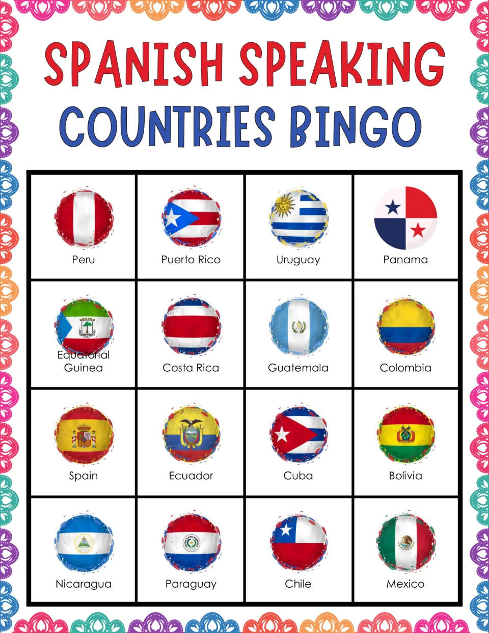Flag bingo card with 16 labeled flags for students to cover as names are read, top row Peru, Puerto Rico, Uruguay, Panama