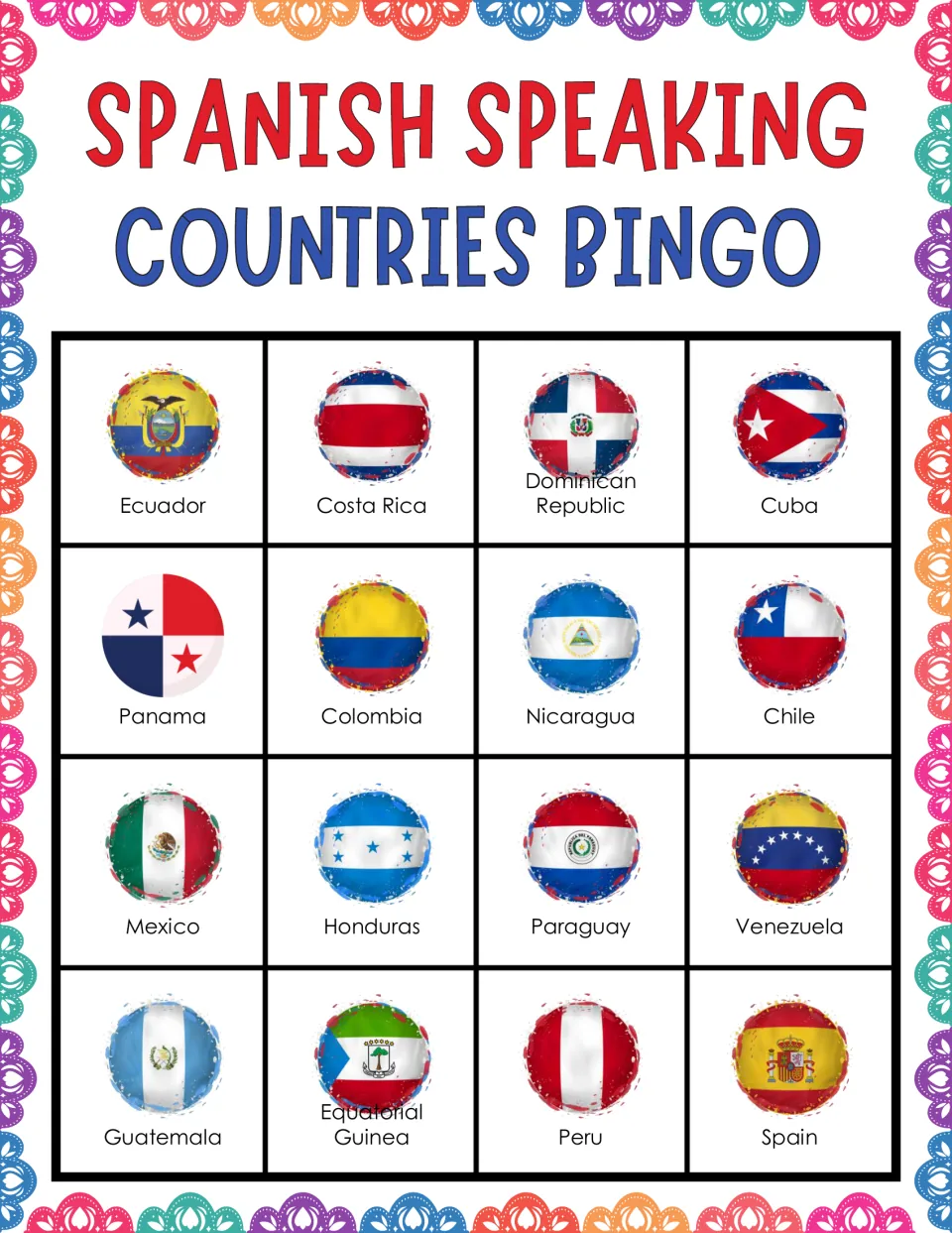 Flag bingo card: students identify 16 flags as called, top row Ecuador, Costa Rica, Dominican Republic, Cuba