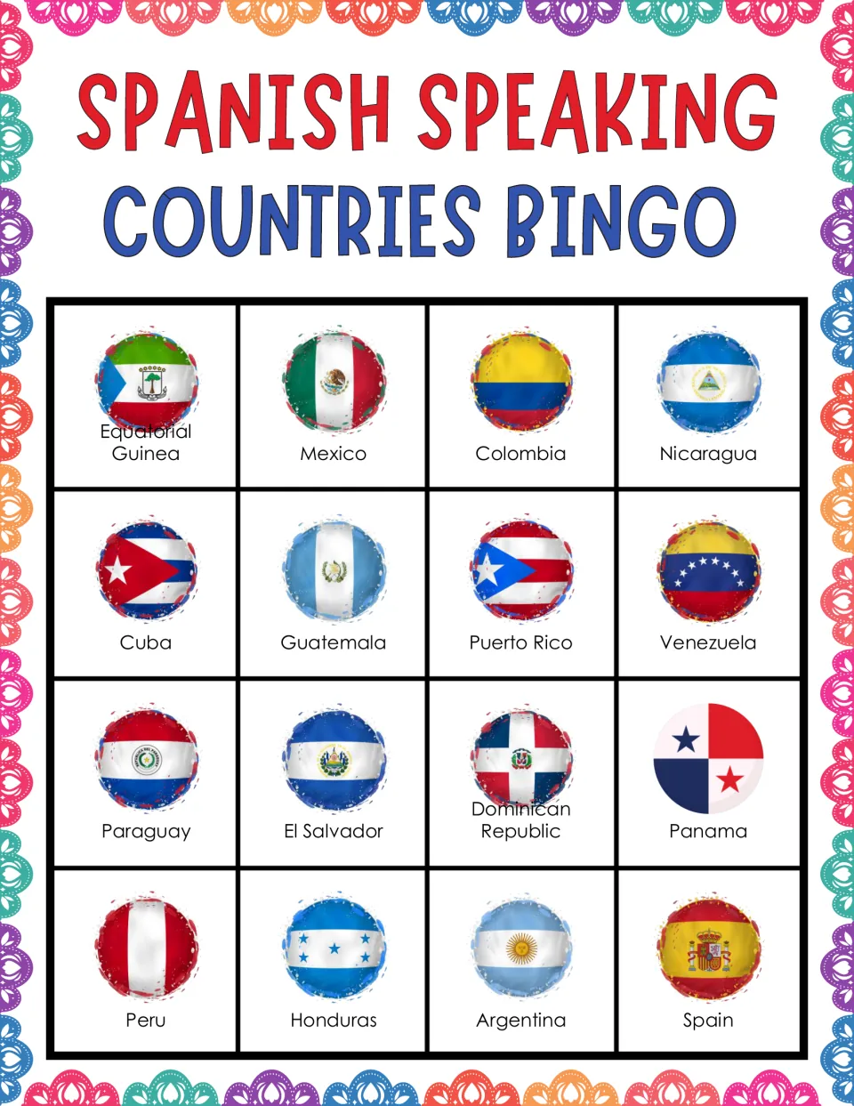 Flag bingo card of 16 labeled flags to mark during the calling, top row Equatorial Guinea, Mexico, Colombia, Nicaragua