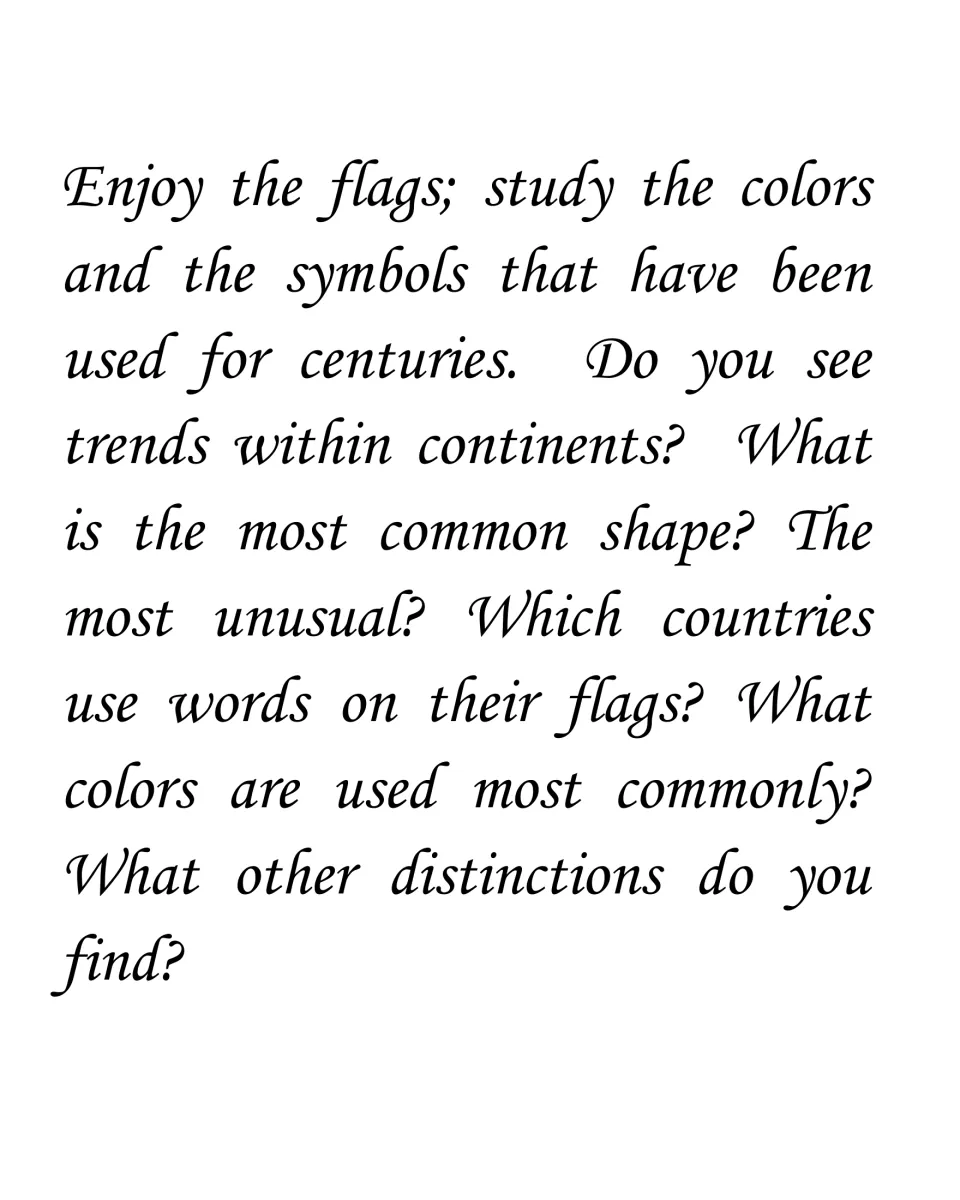 Guiding questions on flag colors, symbols, shapes, words and trends within continents for students to explore