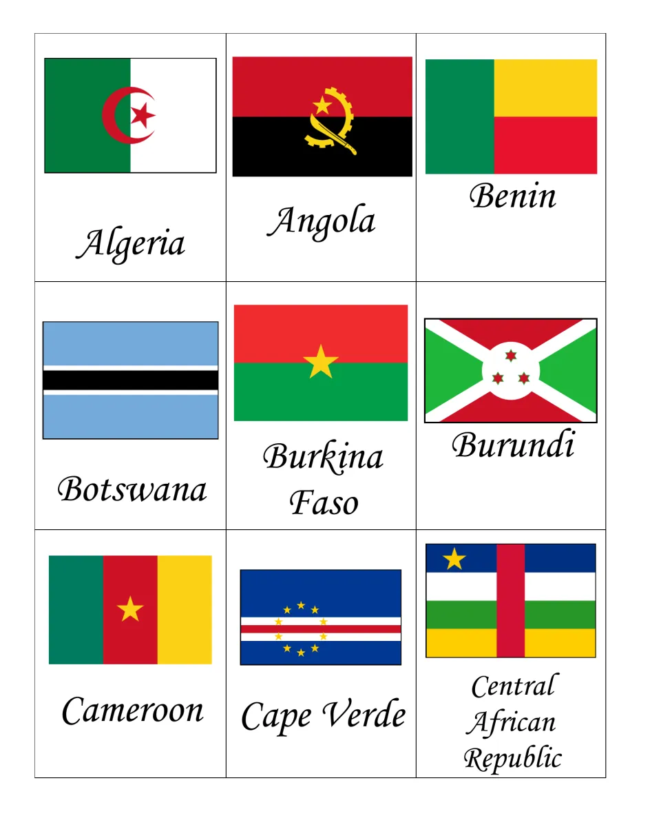 African flags to identify, set 1: nine labeled flags, Algeria through Central African Republic, with Burundi and Cameroon