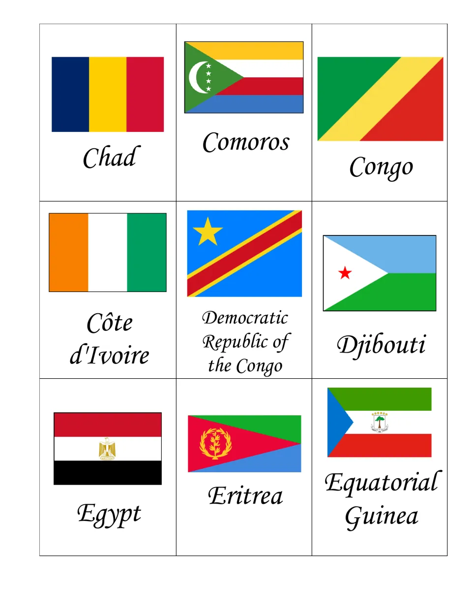 African flags to identify, set 2: nine labeled flags, Chad through Equatorial Guinea, with Côte d'Ivoire and Djibouti