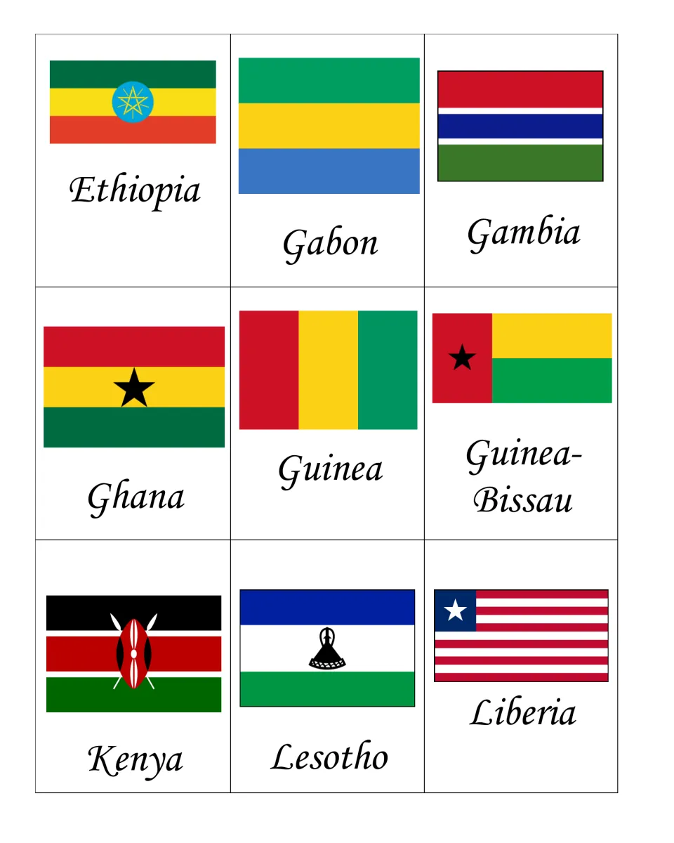 African flags to identify, set 3: nine labeled flags, Ethiopia through Liberia, with Ghana, Guinea-Bissau and Kenya