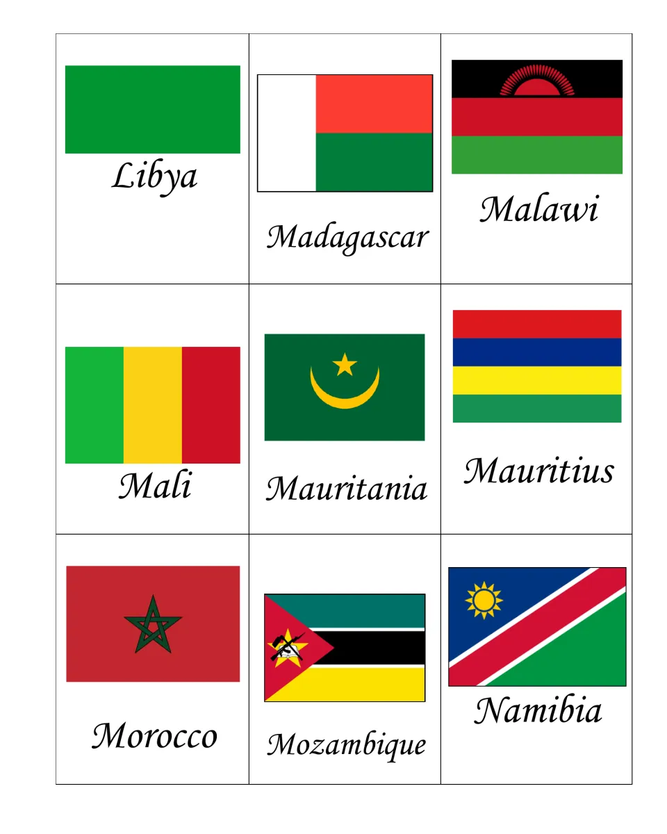 African flags to identify, set 4: nine labeled flags, Libya through Namibia, with Madagascar, Mauritania and Mozambique