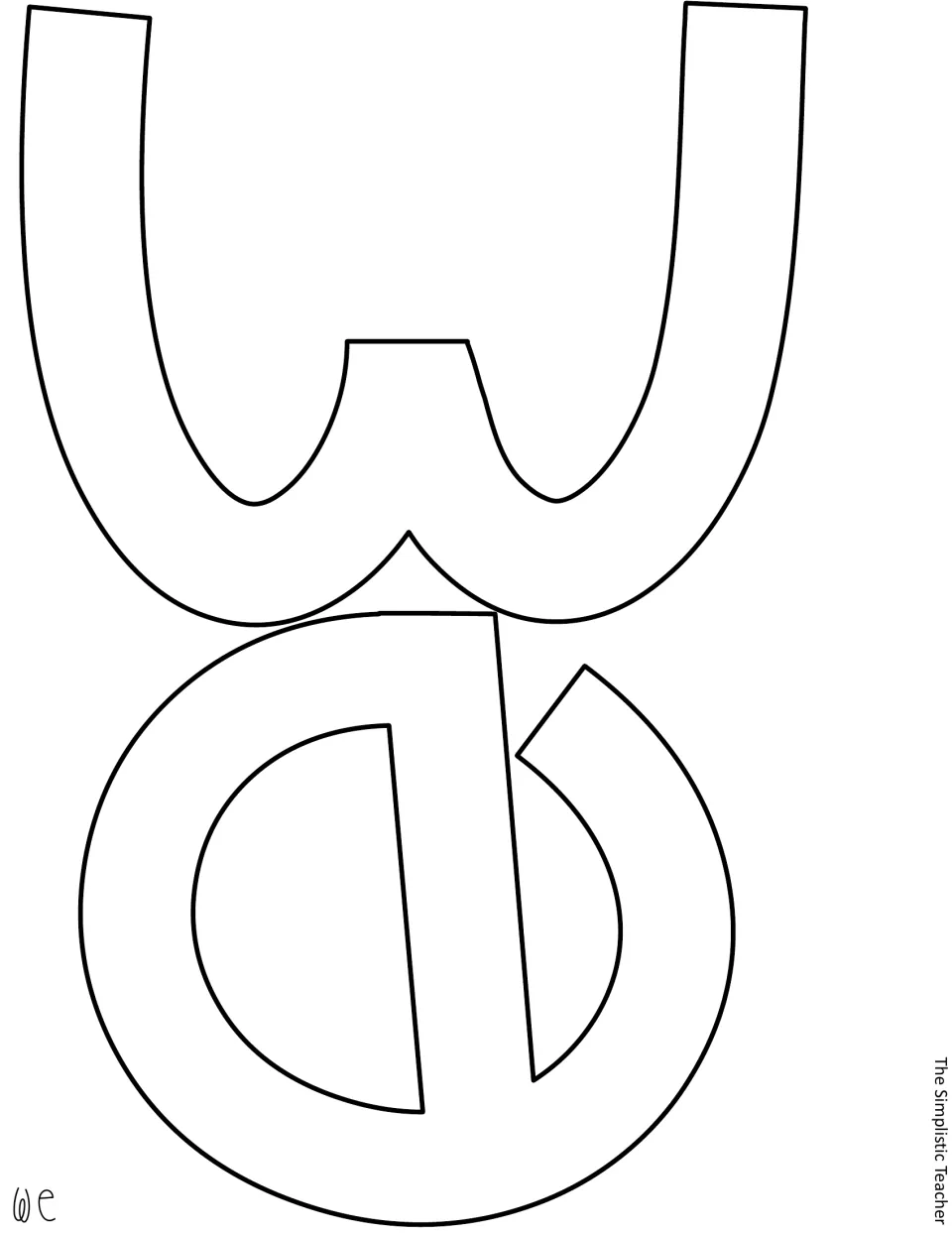 Letter template for the word 'we': large outlined lowercase w and e to trace onto colored paper and cut out
