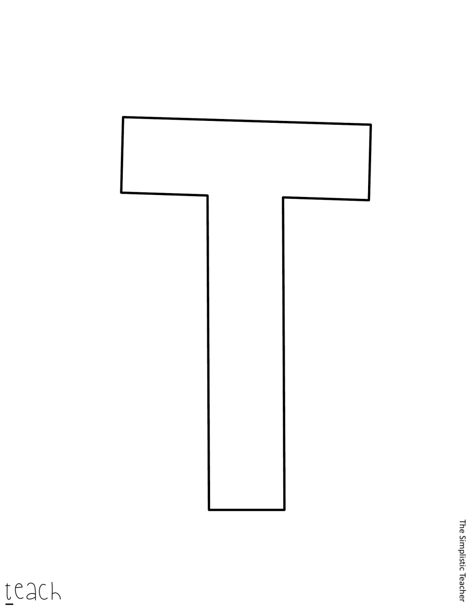 Letter template: large outlined capital T, the first letter of 'teach', ready to print on colored paper and cut out