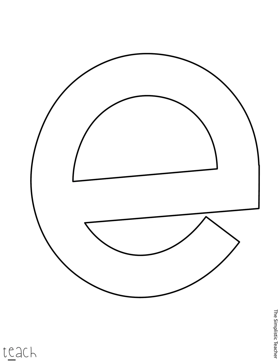 Letter template: large outlined lowercase e, the second letter of 'teach', to print on bright paper and cut out