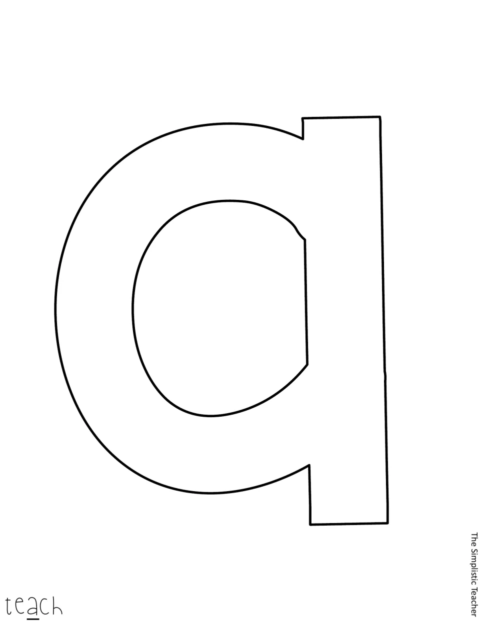 Letter template: large outlined lowercase a, the third letter of 'teach', to print on bright paper and cut out