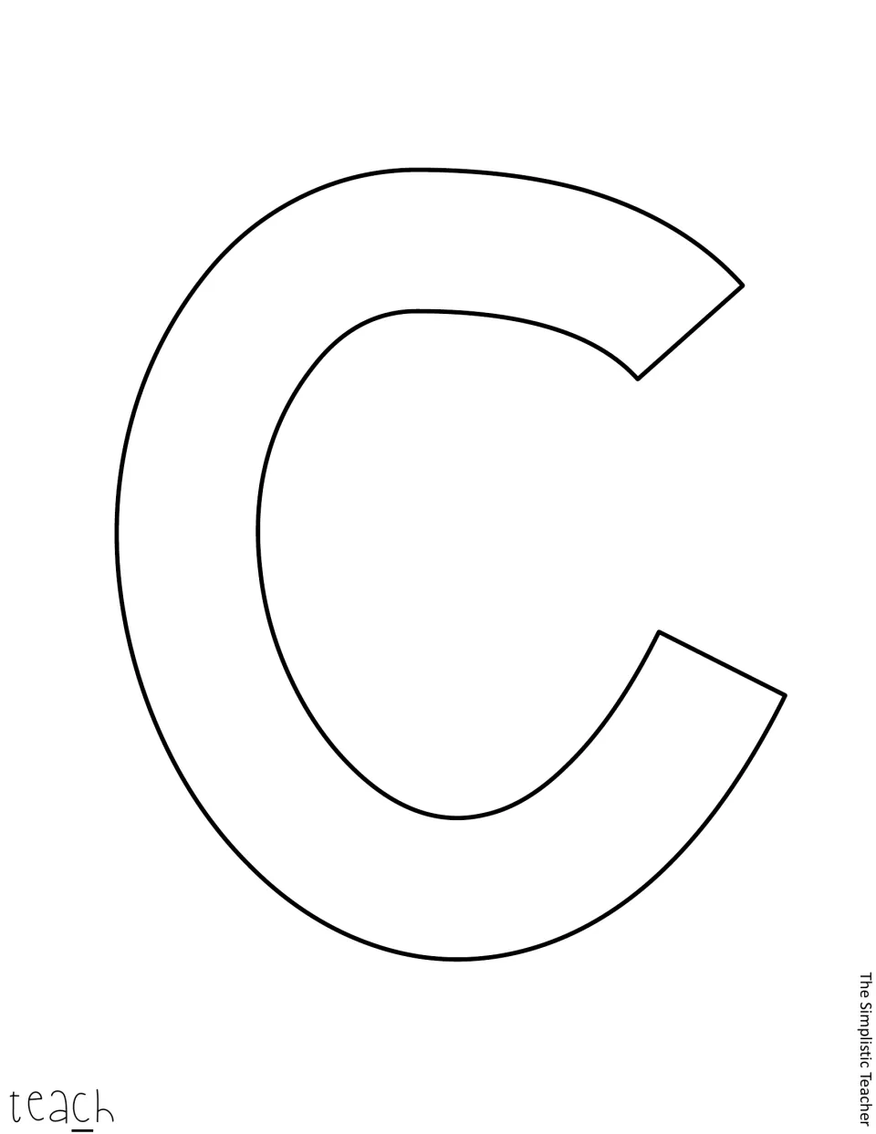 Letter template: large outlined lowercase c, the fourth letter of 'teach', to print on bright paper and cut out