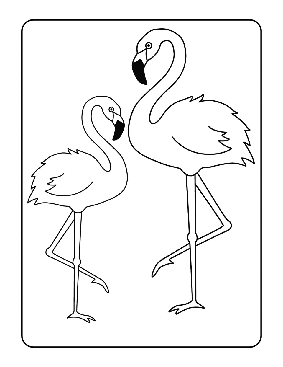 Two flamingos to color, one taller than the other, each standing on one leg with a black-tipped beak and feathered tail