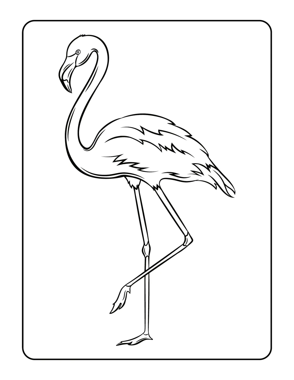 Realistic flamingo outline to color, standing on one leg with a curved neck, hooked beak and detailed wing feathers