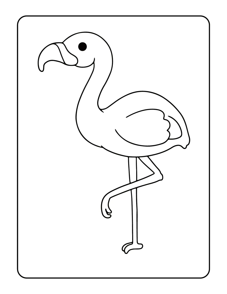 Simple cartoon flamingo to color with a smiling face, dot eye, round body, rounded wing and one leg tucked up