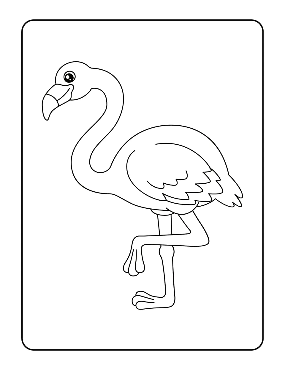 Cartoon flamingo with a big eye and a smile to color, its long neck curved and one leg folded beneath a layered wing