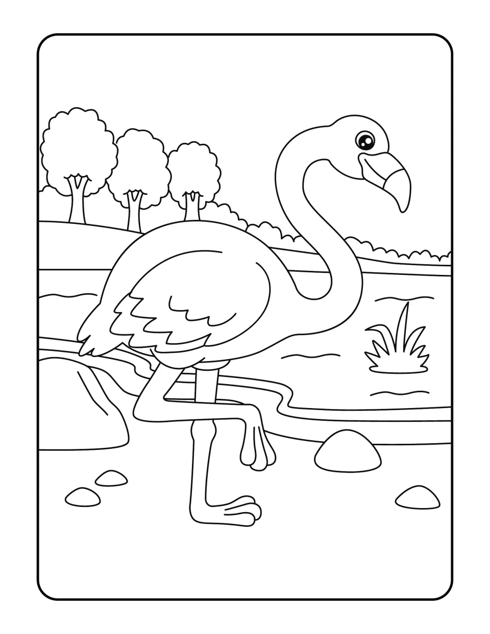 Flamingo scene to color: a smiling bird standing by a pond with grass, rocks, rolling hills and three round trees behind