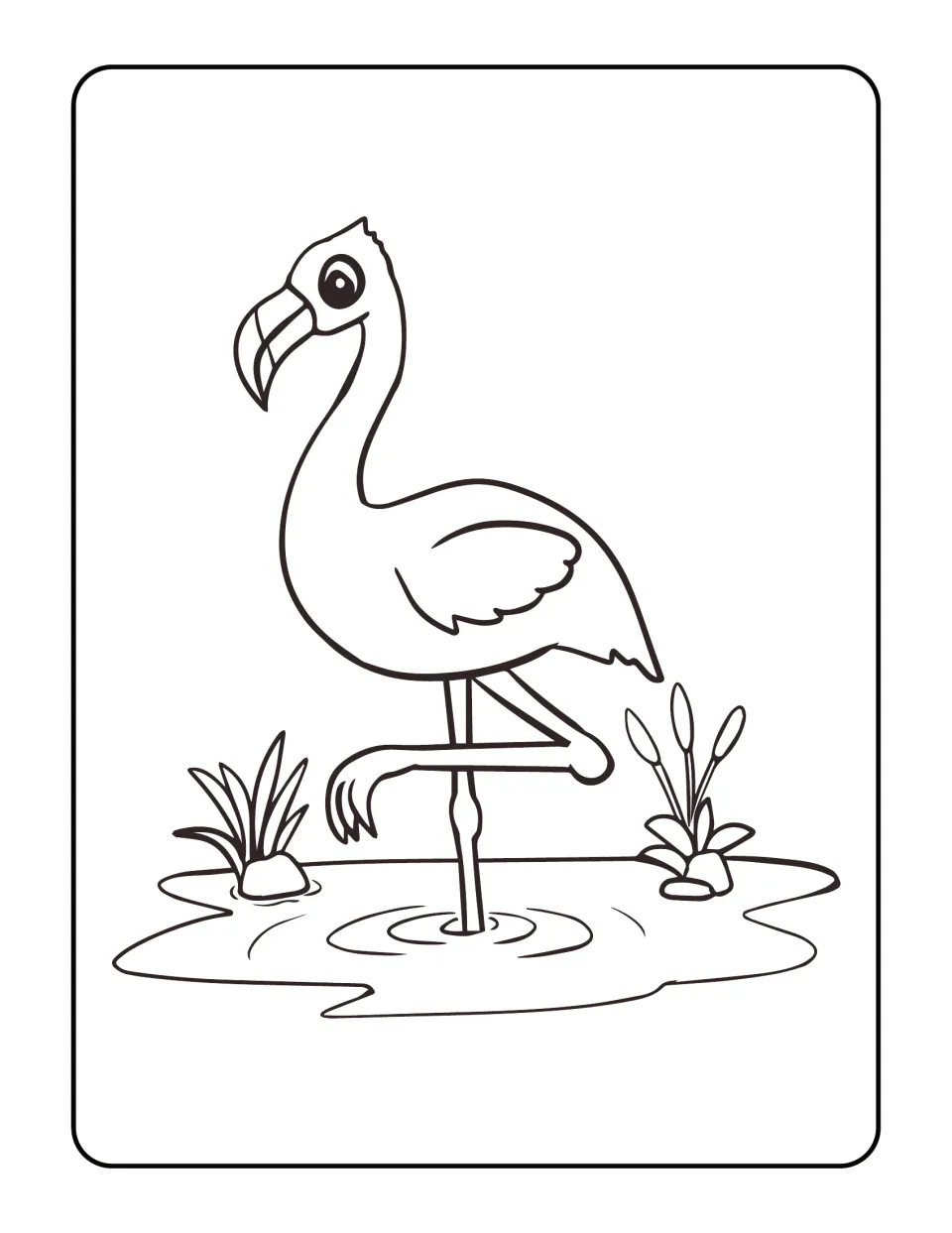 Pond scene to color: a cartoon flamingo on one leg in rippling water, with grass and cattails growing beside small rocks