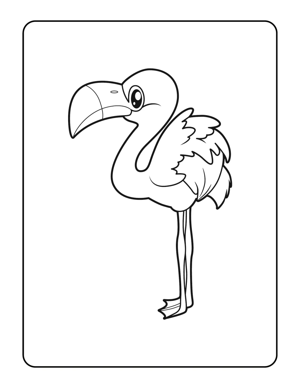 Cartoon flamingo to color with an oversized curved beak, a big shiny eye, a fluffy raised wing and long thin legs
