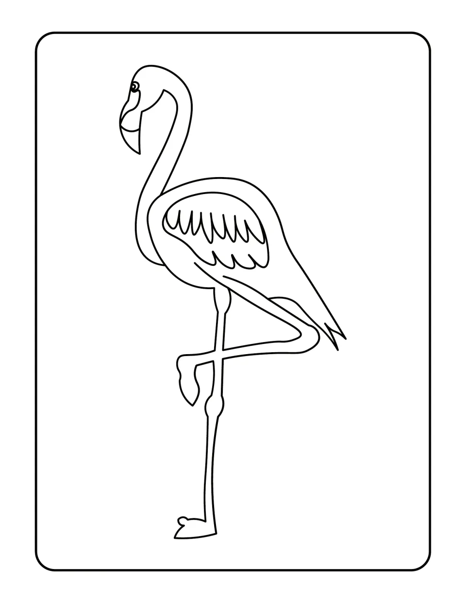 Stylized flamingo outline to color with a scalloped feather pattern on its wing, standing on one leg, other leg tucked
