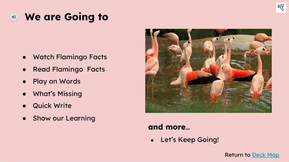 Activity preview lists watching, reading, Play on Words, What's Missing, Quick Write, and Show our Learning