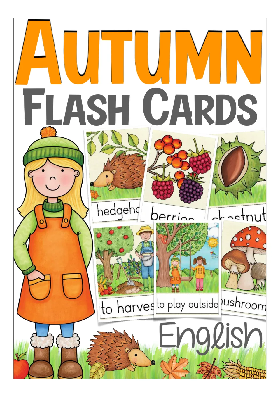 Autumn Flash Cards in English cover: sample picture-word cards for hedgehog, berries, chestnut, to harvest and mushroom