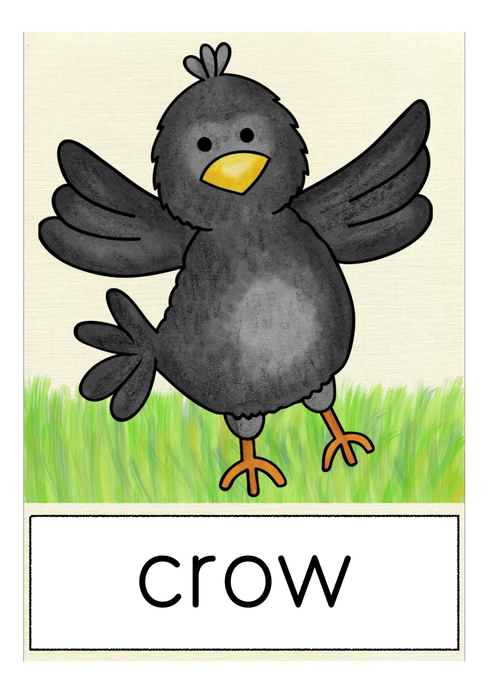 Vocabulary card for crow: a black bird with a yellow beak spreads its wings on the grass above its printed name