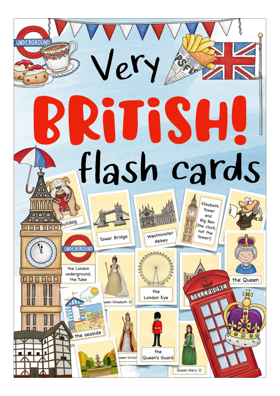 Cover of the England flashcard set, titled 'Very British! flash cards,' showing examples of the cards