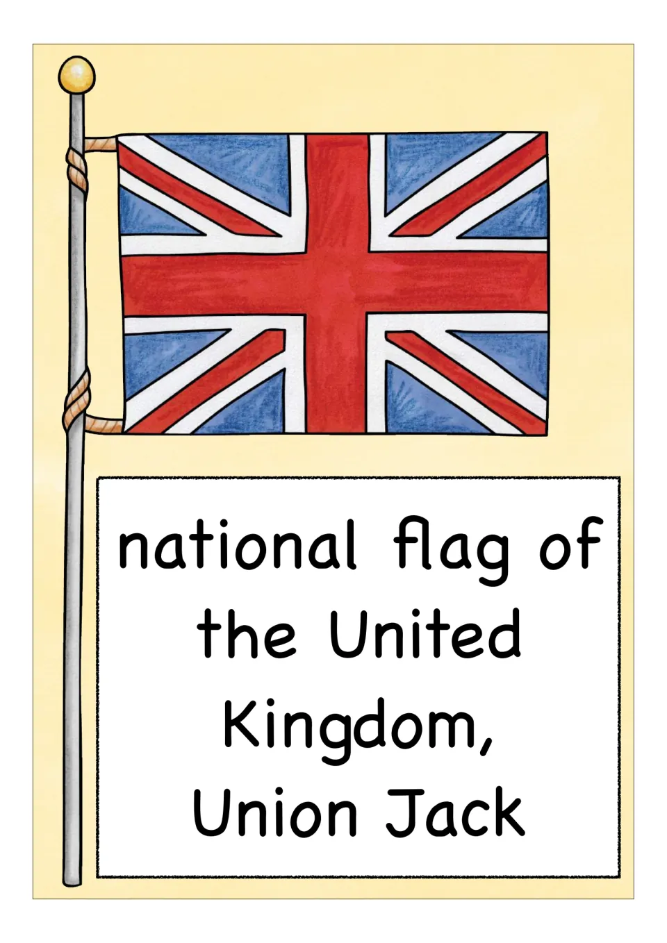 England flashcard showing the Union Jack, labeled 'national flag of the United Kingdom, Union Jack'