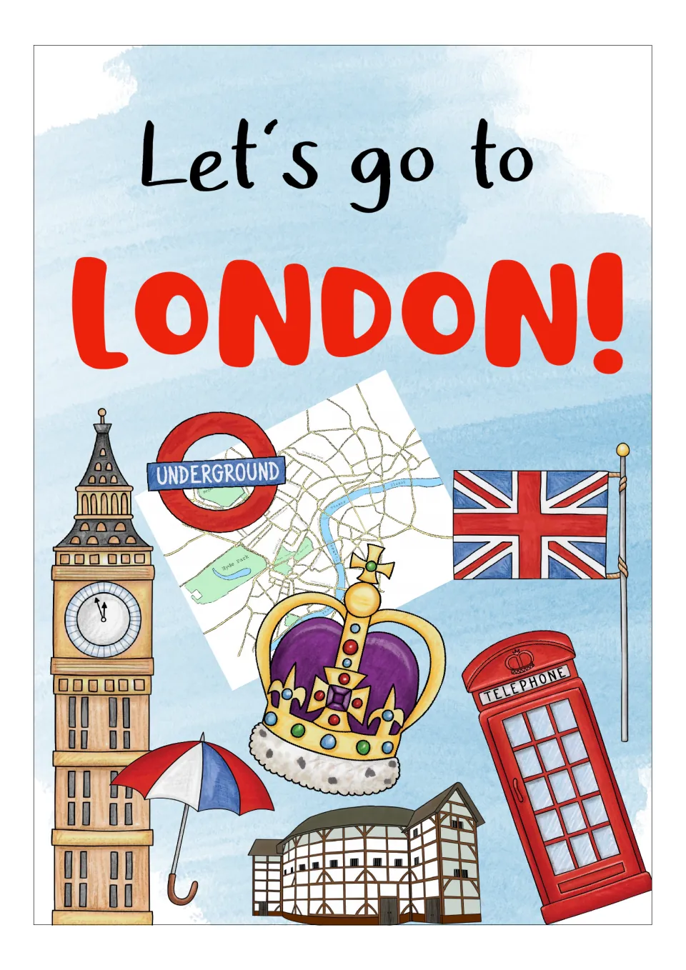 London section introduction in the flashcard set, headed 'Let's go to London!' with illustrated city symbols