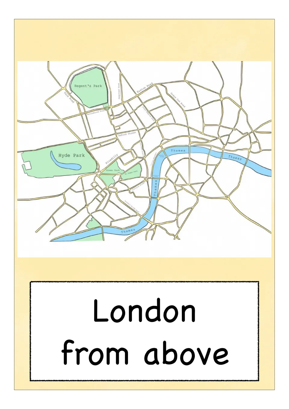 England flashcard labeled 'London from above,' showing a city map with the Thames, Hyde Park, and roads