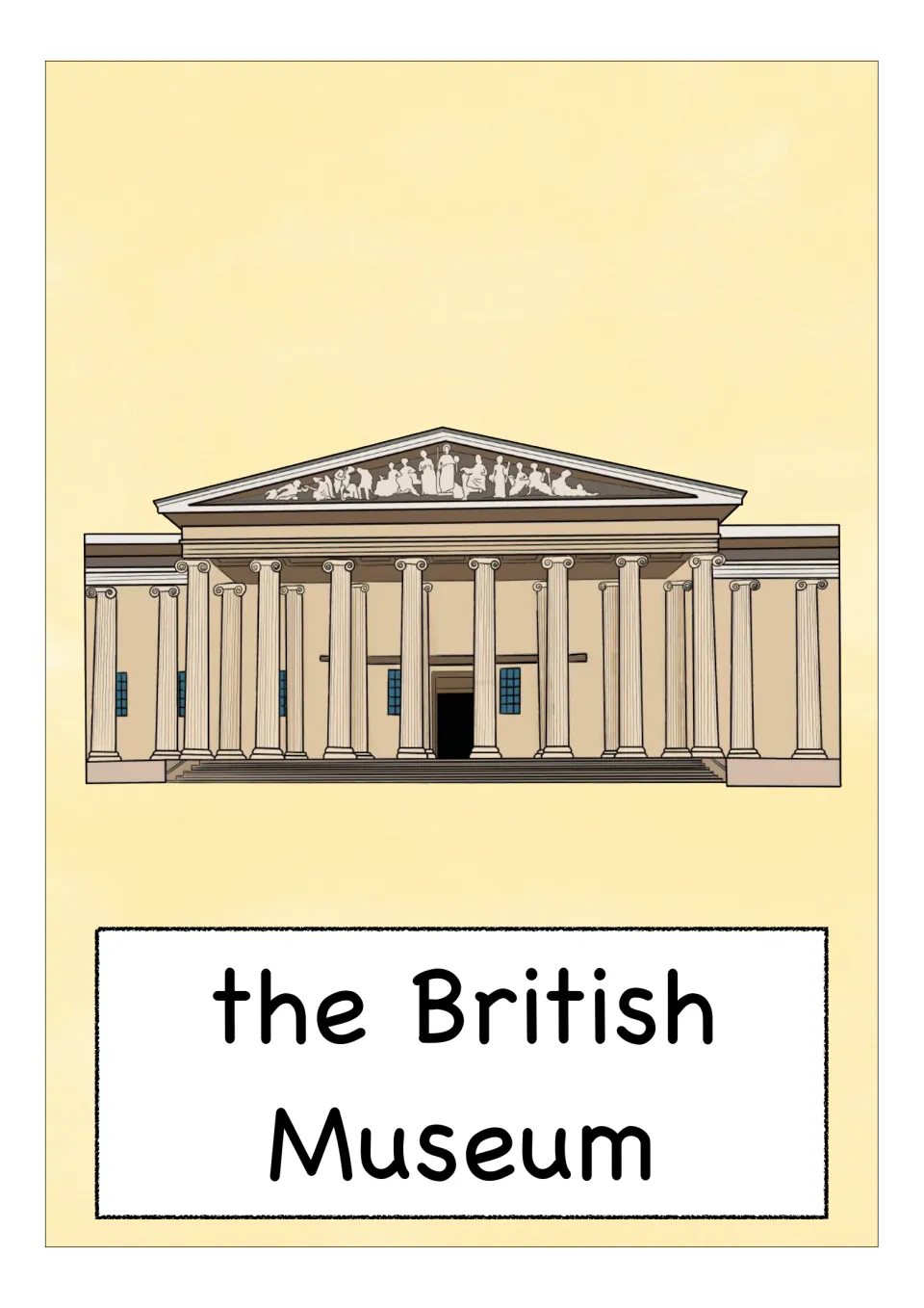 England landmark flashcard labeled 'the British Museum,' showing its columned entrance and triangular pediment