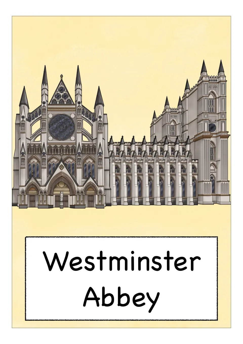 England landmark flashcard labeled 'Westminster Abbey,' showing the church's towers and large round window