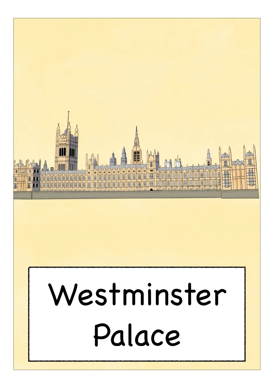 England landmark flashcard labeled 'Westminster Palace,' showing the long palace facade and its towers
