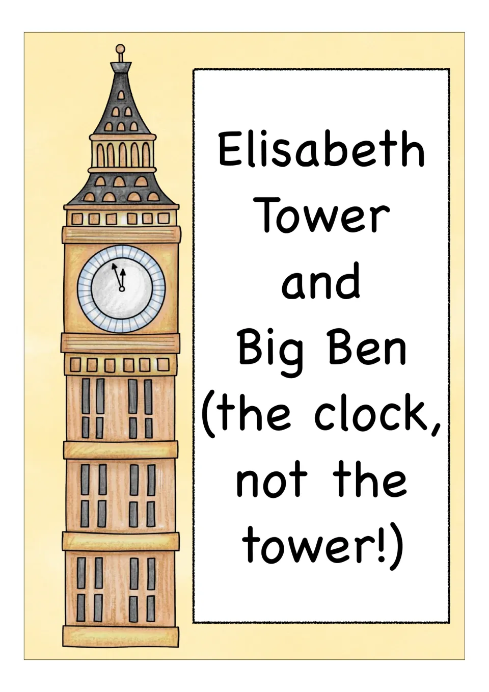 England flashcard labeled 'Elisabeth Tower and Big Ben (the clock, not the tower!)' beside a clock tower